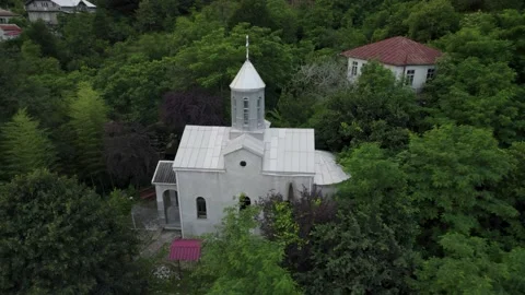 Aerial view on monastery located in mountain Stock Footage 212483086