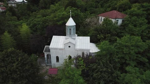 Aerial view on monastery located in mountain Stock Footage 213683199