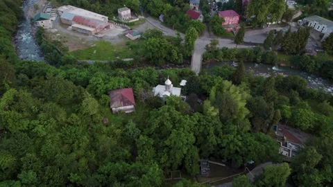 Aerial view on monastery located in mountain Stock Footage 213683751