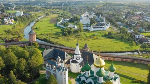 Aerial view of the Monastery of Saint Euthymius and Golden domes Stock Footage 115280754