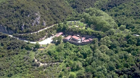 Aerial view of the monastery of St. John the Baptist in the forest, Veria Greece Stock Footage 114012201