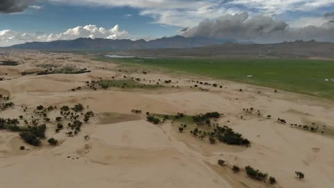 Aerial view of Mongolia Gobi Desert dunes at steppe edge - Central Asian Desert Stock Footage 339469253