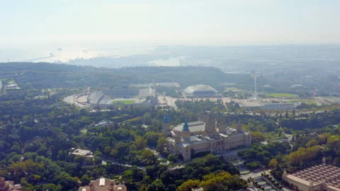 Aerial View of Montjuic Olympic Ring and Palau Nacional Barcelona Spain Stock Footage 337823067