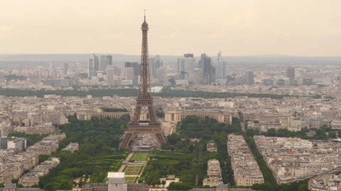 Aerial view from Montparnasse tower with Eiffel tower and La Defense district Stock Footage 237925138