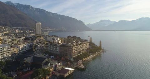 Aerial view of montreux in winter Stock Footage