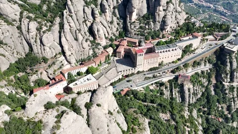 Aerial view of the Montserrat mountain range and valley in Catalonia Video stock 325776835