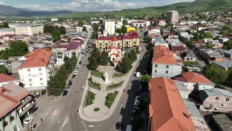 Aerial view of Monument of Queen Tamara and Amaghleba Church Stockbeeldmateriaal 312702404
