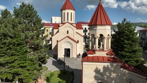 Aerial view of Monument of Queen Tamara and Amaghleba Church Stock-Footage 312703302