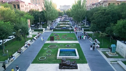 Aerial view of the monument square next to the Cascade monument, where people wa Stock Footage 250422877