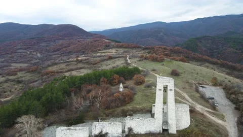 Aerial view of Monument Of The Three Generations, Perushtitsa, Bulgaria Stock Footage 173606915