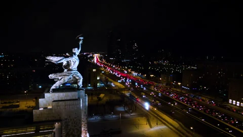 Aerial view of the monument to the worker and the collective farmer. On the Stock Footage 154268948