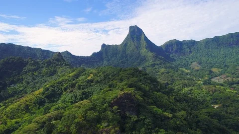 Aerial view of Moorea island, Mount Mouaputa, lush green jungle, scenic hills 4k Stock-Footage 90051999