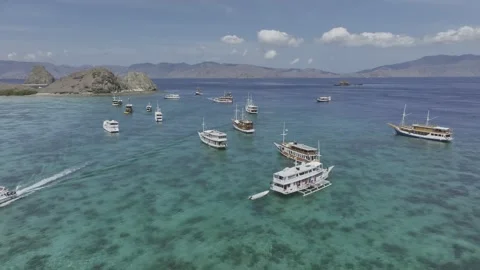Aerial view of moored ships around padar island in East Nusa Tenggara indonesia Stock Footage 267357552