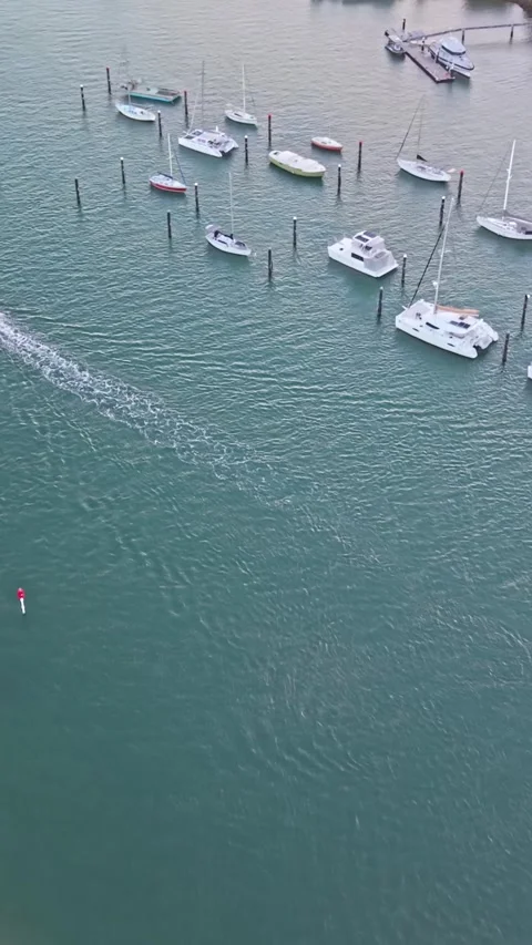 Aerial view of moored yachts on Mooloolah River near beach Queensland Stock-Footage 334786093
