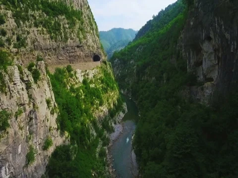 Aerial view of Moraca river canyon. Montenegro Stock Footage 76947845