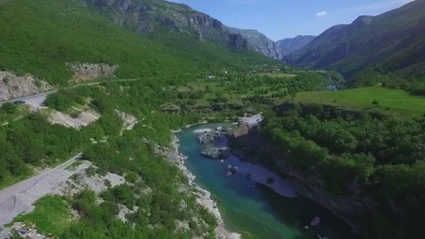 Aerial view of Moraca river running through the mountain valley Stock-Footage 73233762
