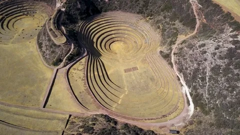 Aerial view of Moray. Peruvian Incan archeological sight. Stock Footage 79818488