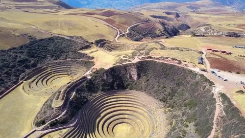 Aerial view of Moray. Peruvian Incan archeological sight. Stock Footage 79819042
