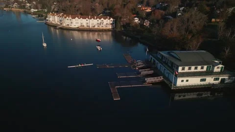 Aerial view Morning Rowing Practice in Halifax Bay, Nova Scotia. Canada. Stock Footage 282183877
