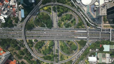 Aerial view of morning traffic on multi-lane road in downtown Jakarta, Indonesia Stock Footage 281908353
