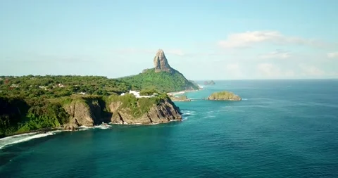 Aerial view of Morro do Pico and Dois Irmos Island in Fernando de Noronha Bra Stock Footage 130651241