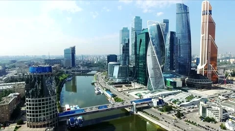 Aerial view of Moscow-City over Moskva River. Stock Footage