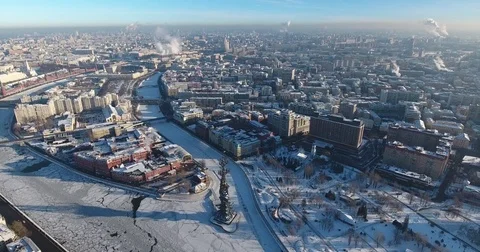 Aerial view of Moscow in the winter in frosty sunny day, Centre, River Stock Footage