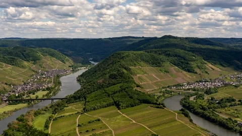 Aerial View of Moselschleife River Loop with Vineyards, Rhineland-Palatinate Stock Footage 333003944
