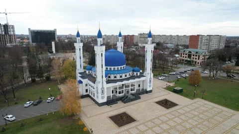Aerial view of the mosque with blue domes. Stock Footage 222418950
