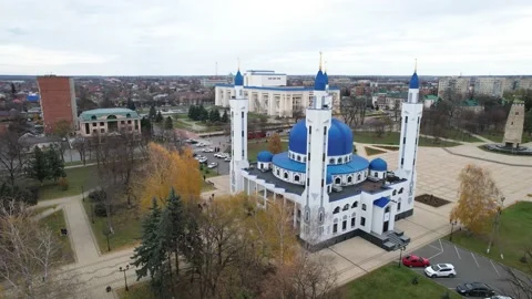 Aerial view of the mosque with blue domes. Stock Footage 222418975