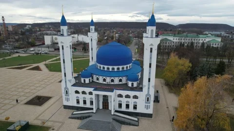 Aerial view of the mosque with blue domes. Stock Footage 222419027