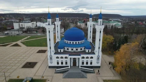 Aerial view of the mosque with blue domes. Stock Footage 222419072