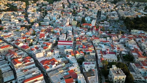 Aerial view of Mosque Heritage Museum and Greek Orthodox church in Rethymno. Stock Footage 260177995