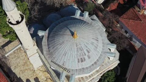 Aerial view of a mosque's dome and minaret, Turkiye. Stock Footage 322138233
