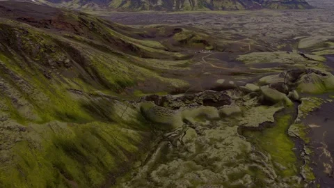Aerial view of moss-covered lava field with eroded canyon, Iceland Highlands Stock Footage 341606282