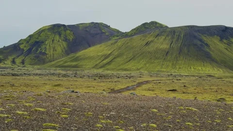 Aerial View of a Moss Covered Volcanic Landscape in the Highlands of Iceland Stock Footage 320511392