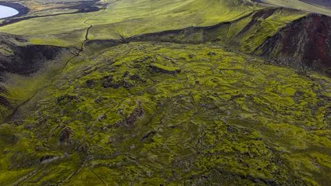 Aerial View of Moss Covered Volcanic Landscape in Iceland Stock Photos