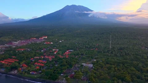 Aerial View of Mount Agung Volcano and Tropical Coast at Sunset Stock-Footage 341211564