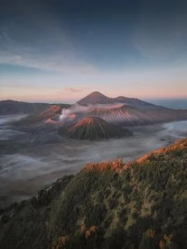 Aerial view of Mount Bromo, is an active volcano and part of the Tengger ma.. Stock Photos