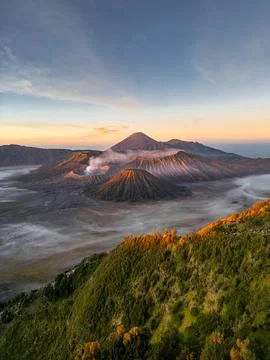 Aerial view of Mount Bromo, is an active volcano and part of the Tengger ma.. Stock Photos