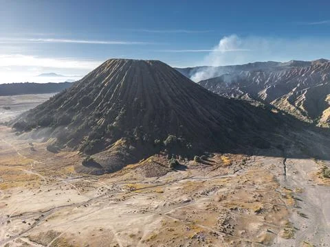 Aerial view of Mount Bromo, is an active volcano and part of the Tengger ma.. Foto stock
