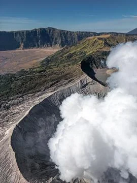 Aerial view of Mount Bromo, is an active volcano and part of the Tengger ma.. Foto stock