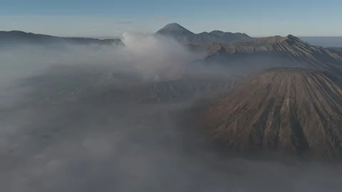 Aerial View of Mount Bromo Crater and Mount Semeru at Sunrise Stock-Footage 341998319