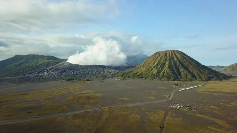 Aerial view of Mount Bromo, Mount Batok, and Mount Semeru Stock Footage 236453510