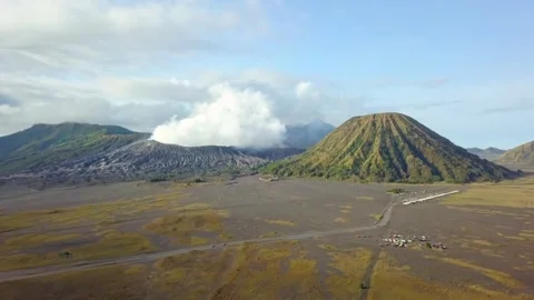 Aerial view of Mount Bromo, Mount Batok, and Mount Semeru Stock Footage 277104138