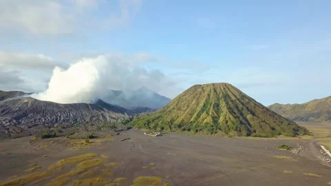 Aerial view of Mount Bromo, Mount Batok, and Mount Semeru Stock Footage 277104468