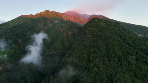 Aerial view of Mount Merapi slopes at sunrise, Indonesia. Stock Footage 340343959