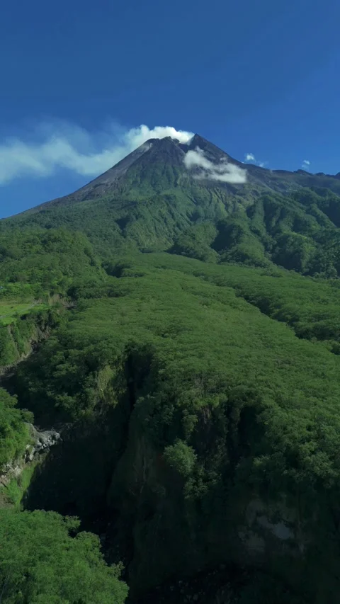 Aerial view of Mount Merapi with smoking peak and slopes, Indonesia. Stock Footage 336292339
