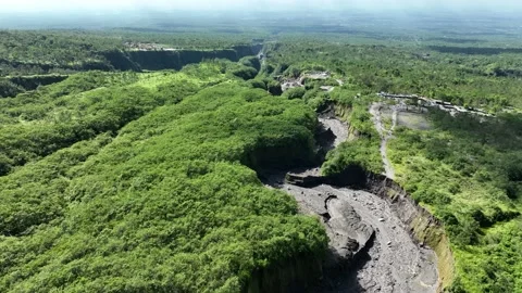 Aerial view of Mount Merapi valley in Yogyakarta, Indonesian Volcano Stock Footage 231290704
