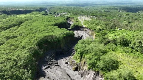 Aerial view of Mount Merapi valley in Yogyakarta, Indonesian Volcano Stock Footage 231291022